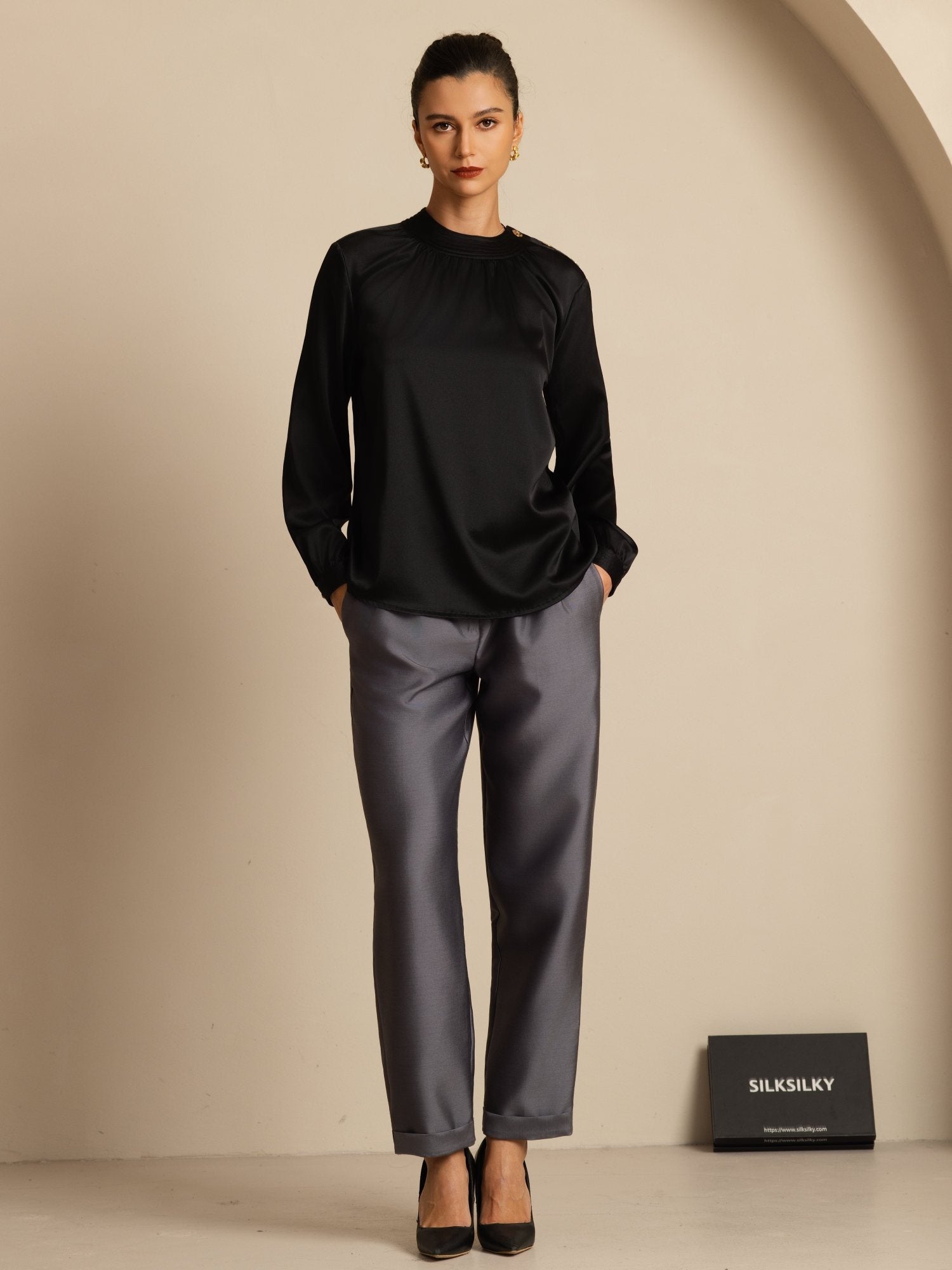 [Svart] SilkSilky-NO 19Momme Silke Langermet Rund Hals Bluse 008
