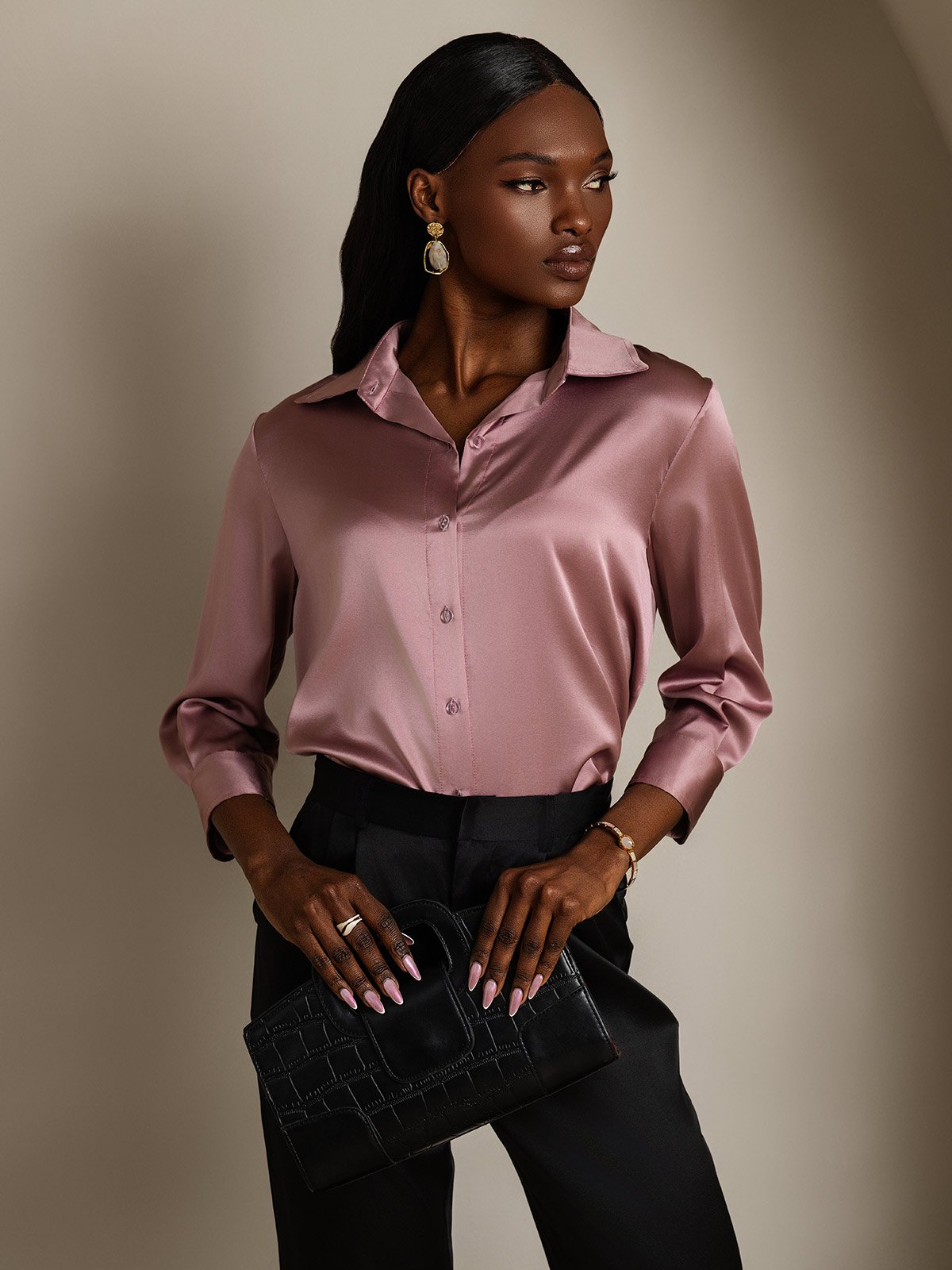 SilkSilky-NO 19Momme Silke Lapel Skjorte for Kvinner BlekMauve 005