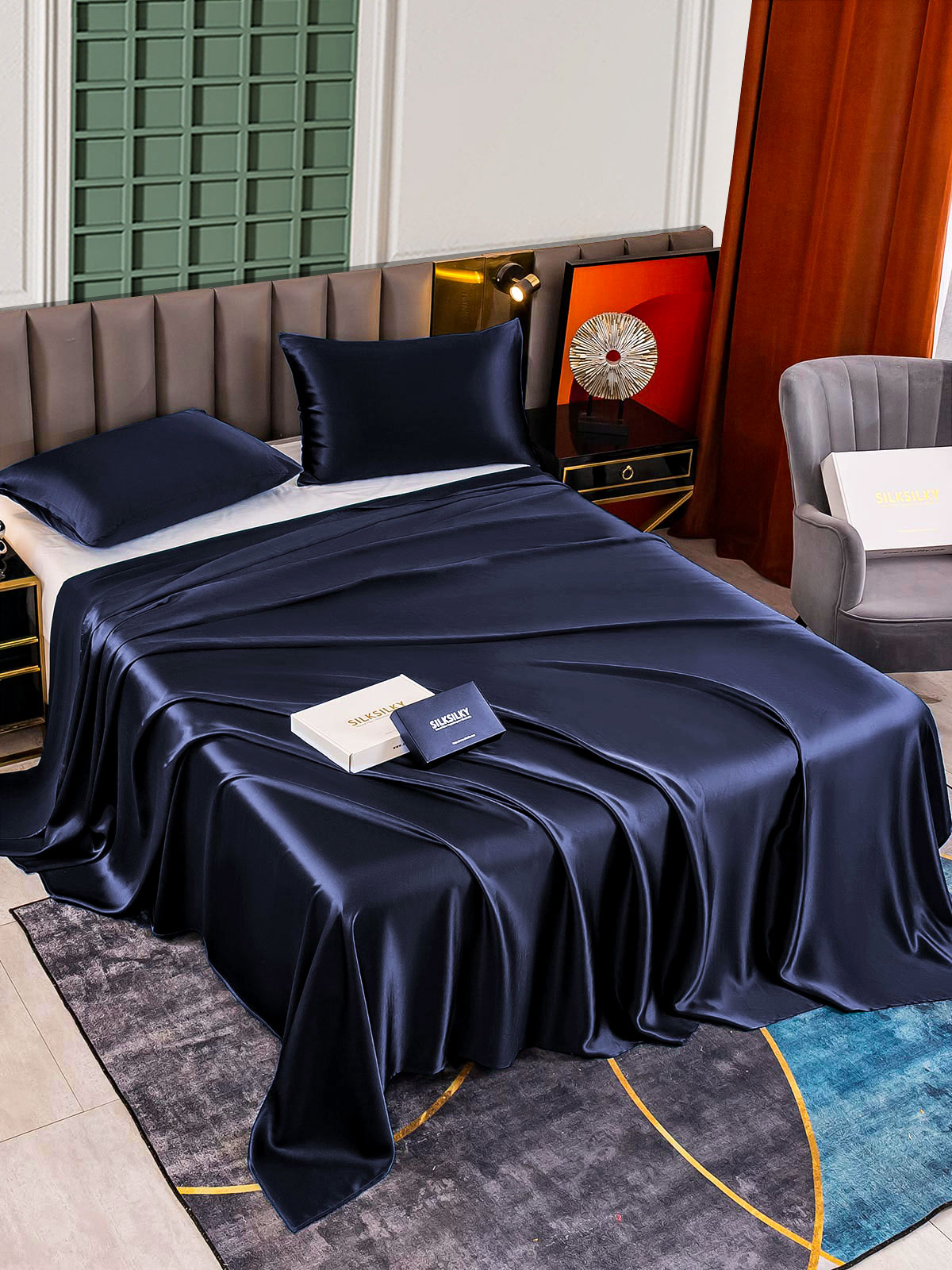 [Mørke blå] SilkSilky-NO 25Momme Bedding Set 002