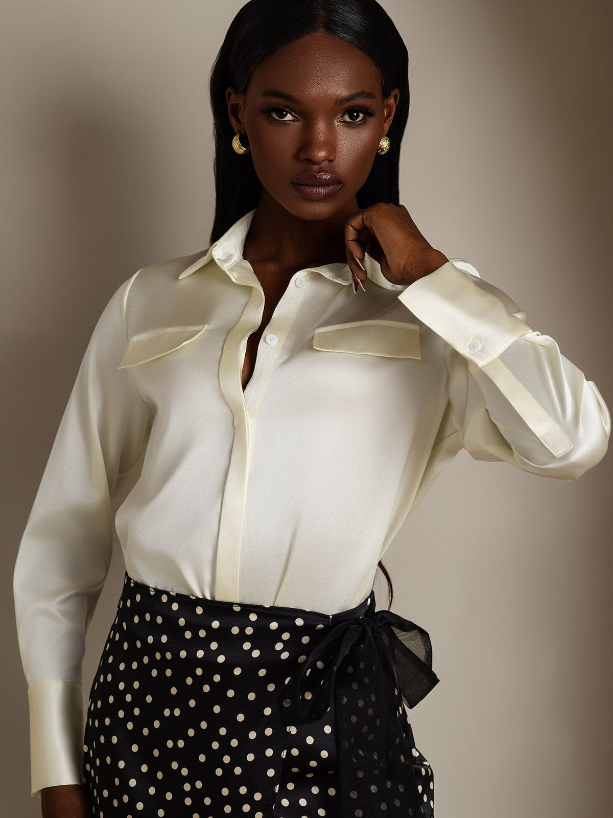 SilkSilky-NO 19Momme Silke Womens Shirt Elfenbein 003