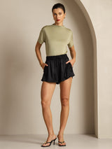 [Tørket Urte] SilkSilky-NO 100% Silk Jersey Short Sleeve Falsk Krage T-skjorte for Kvinner 006