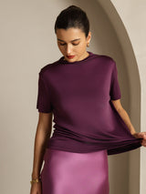 [Lilla] SilkSilky-NO 100% Silk Jersey Short Sleeve Falsk Krage T-skjorte for Kvinner 003