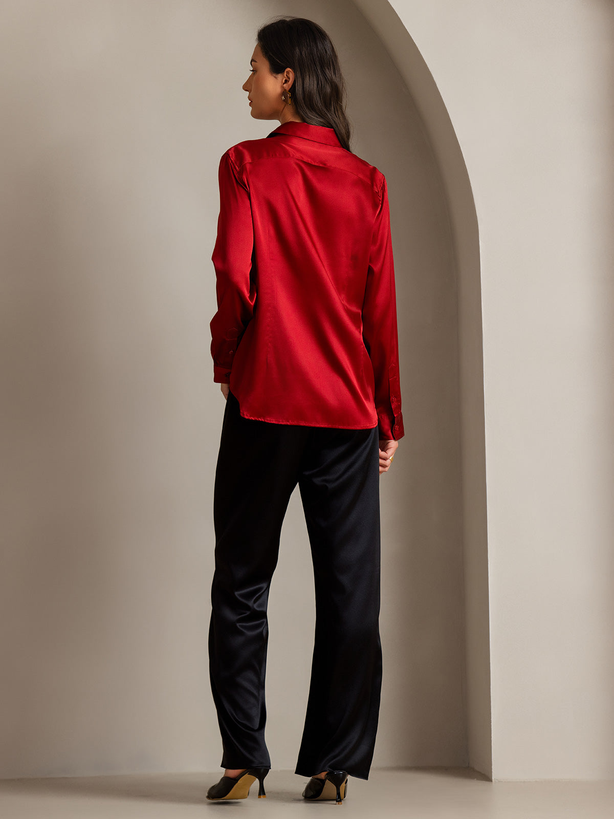 [Rød] SilkSilky-NO Silke Lapel Collar Skjorte for Kvinner 002