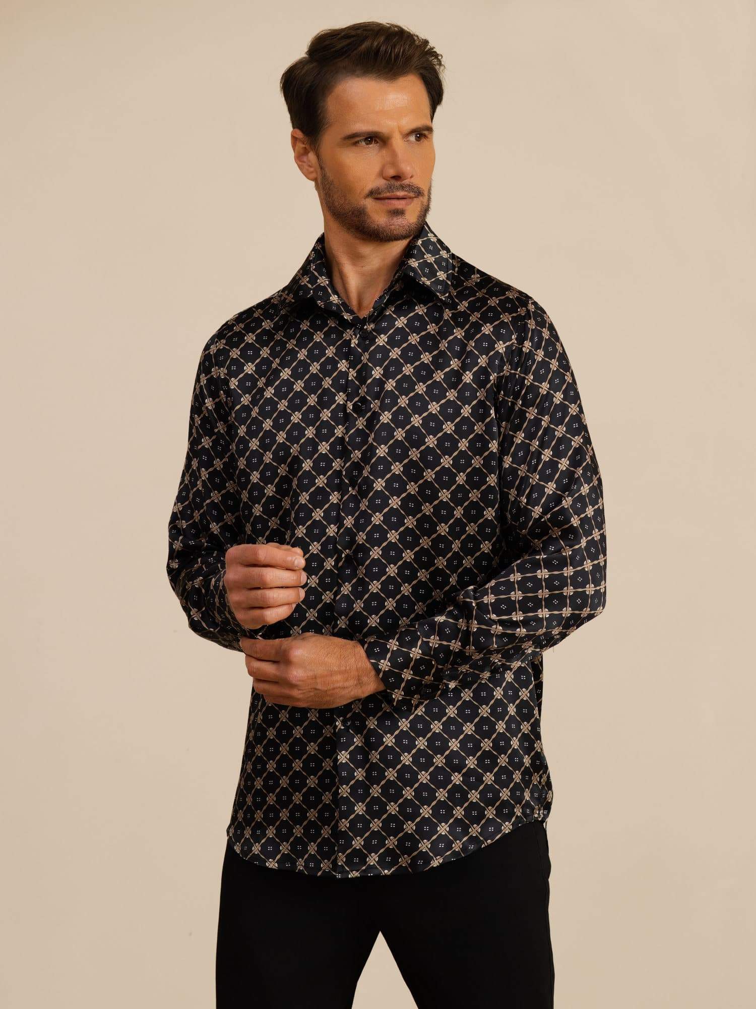 [Svart Kjede] SilkSilky-NO Langermet Slagkrage Skjorte for Menn 003