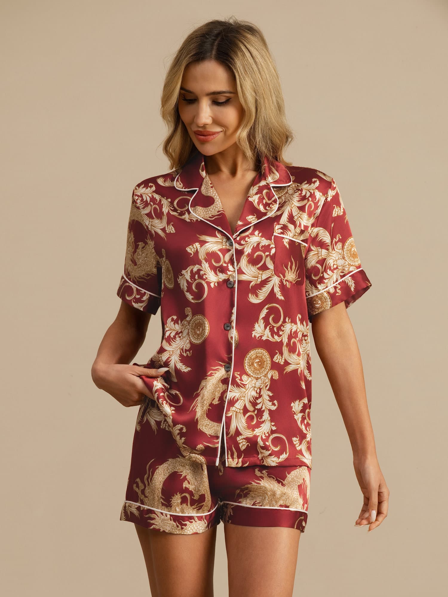 [Vinrød Drage] SilkSilky-NO Kort erm Notchkrage Pyjamas for Kvinner 004