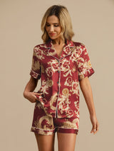 [Vinrød Drage] SilkSilky-NO Short Sleeve Lapel Collar Pyjamas for Kvinner 004