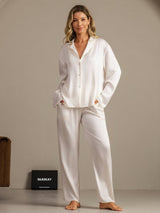 [Hvit] SilkSilky-NO 19Momme Langermet Notchkrage Pyjamas for Kvinner 008