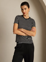 [Svart Stripe] SilkSilky-NO Short Sleeve Crew Neck T-skjorte for Kvinner 005