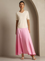 [Beige] SilkSilky-NO Kort erm V Hals T-skjorte for Kvinner 008