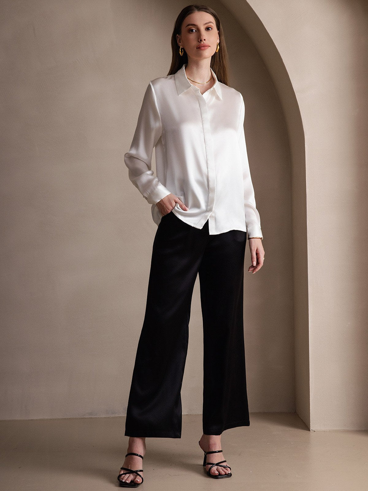 [Hvit] SilkSilky-NO 19Momme Silke Womens Shirt 007