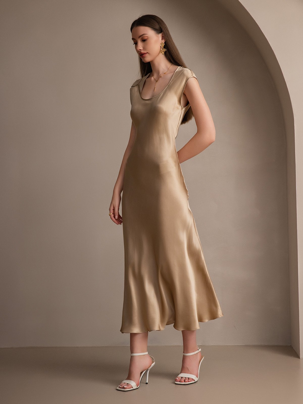 [Champagne] SilkSilky-NO 19Momme Silke Dress 005