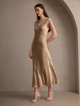 [Champagne] SilkSilky-NO Cap Sleeve Scoop Neck Kjole 005