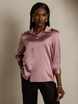[Blek Mauve] SilkSilky-NO 3/4 Sleeve Lapel Collar Skjorte for Kvinner 004