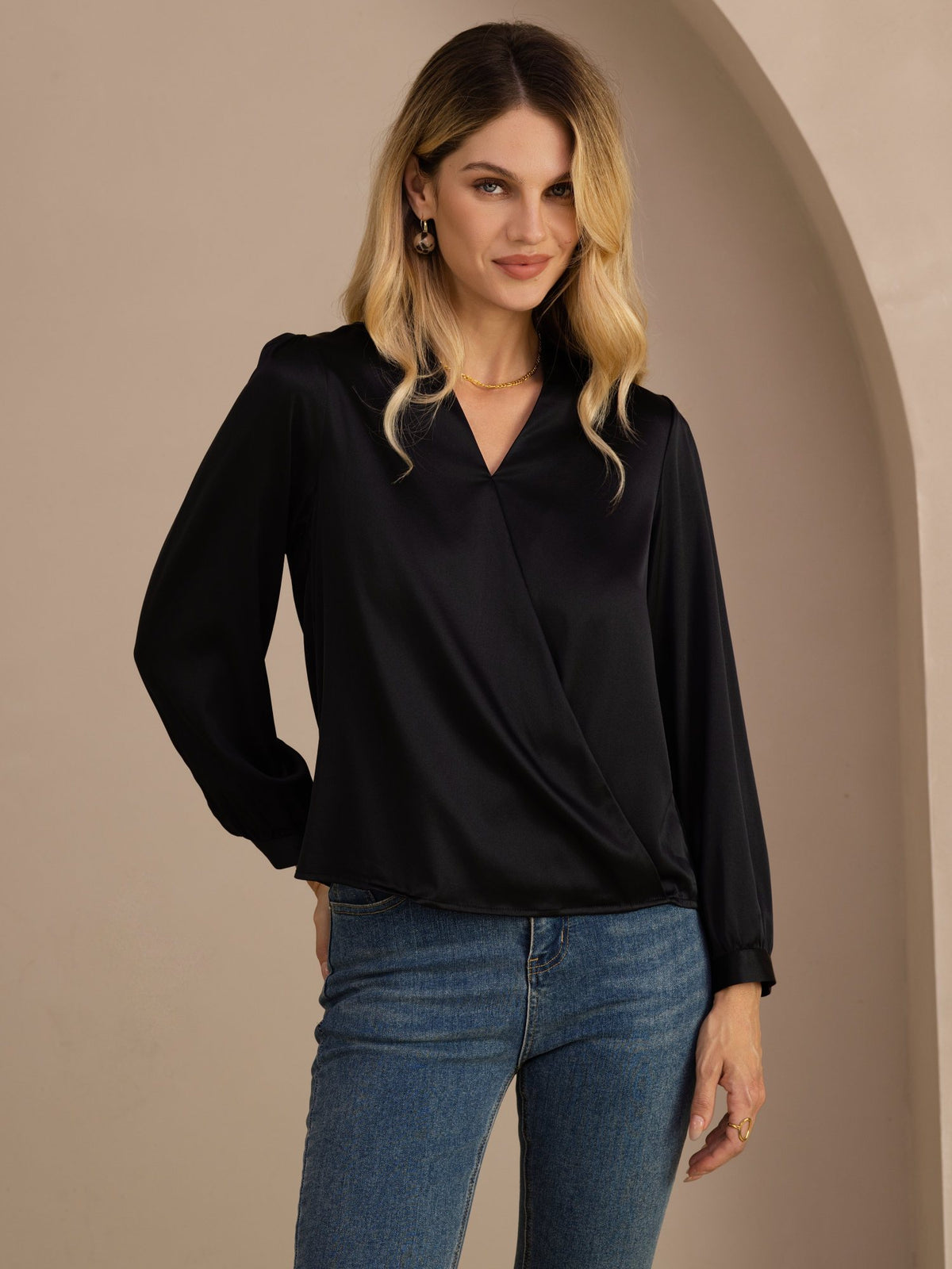[Svart] SilkSilky-NO Long Sleeve Wrap Damebluser 001