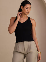 [Svart] SilkSilky-NO Sleeveless Deep V Neck Camisole Topp 004