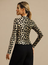 [Leopard] SilkSilky-NO Langermet Falsk Krage T-skjorte for Kvinner 002