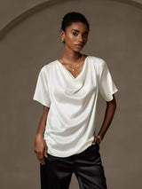 [Hvit] SilkSilky-NO Short Sleeve Cowl Neck Damebluser 003