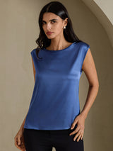 [Ekte Petrol] SilkSilky-NO Cap Sleeve Round Neck T-skjorte for Kvinner 001