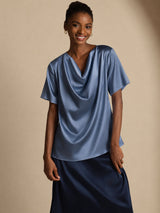 [Ekte Petrol] SilkSilky-NO Short Sleeve Cowl Neck Damebluser 001