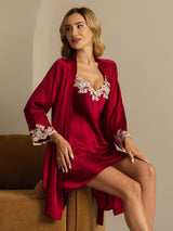 [Vin] SilkSilky-NO 3/4 Sleeve V Neck Nattkjole og Morgenkåpesett 007