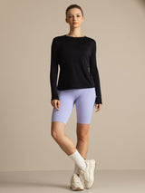 [Svart] SilkSilky-NO Langermet Tett Crew Neck T-skjorte for Kvinner 009