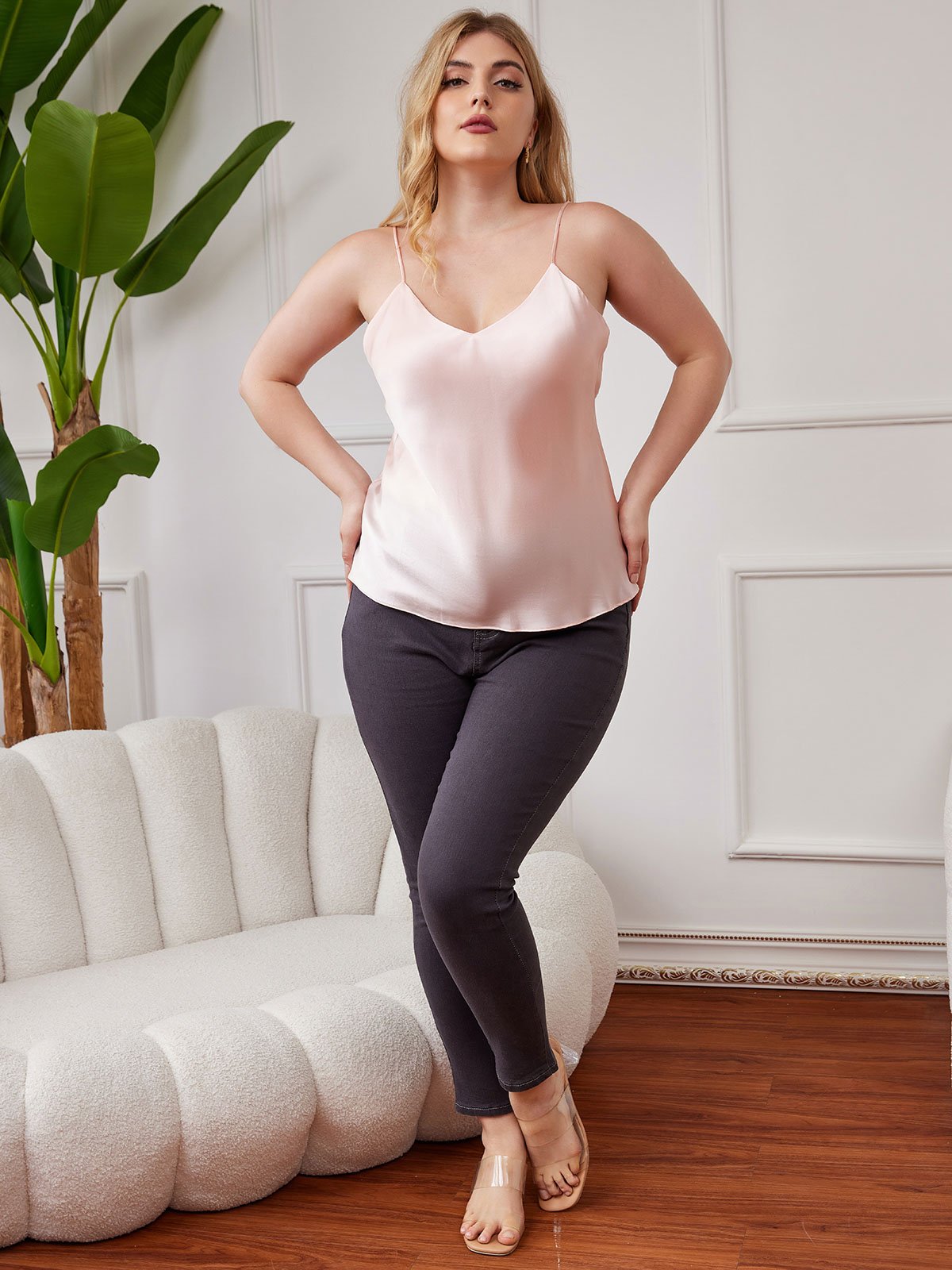 [Rosa] SilkSilky-NO Pure Silk V-Hals Plus Size Camisole Top 004