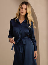 [Mørke blå] SilkSilky-NO Long Sleeve Lapel Collar Kjole 003