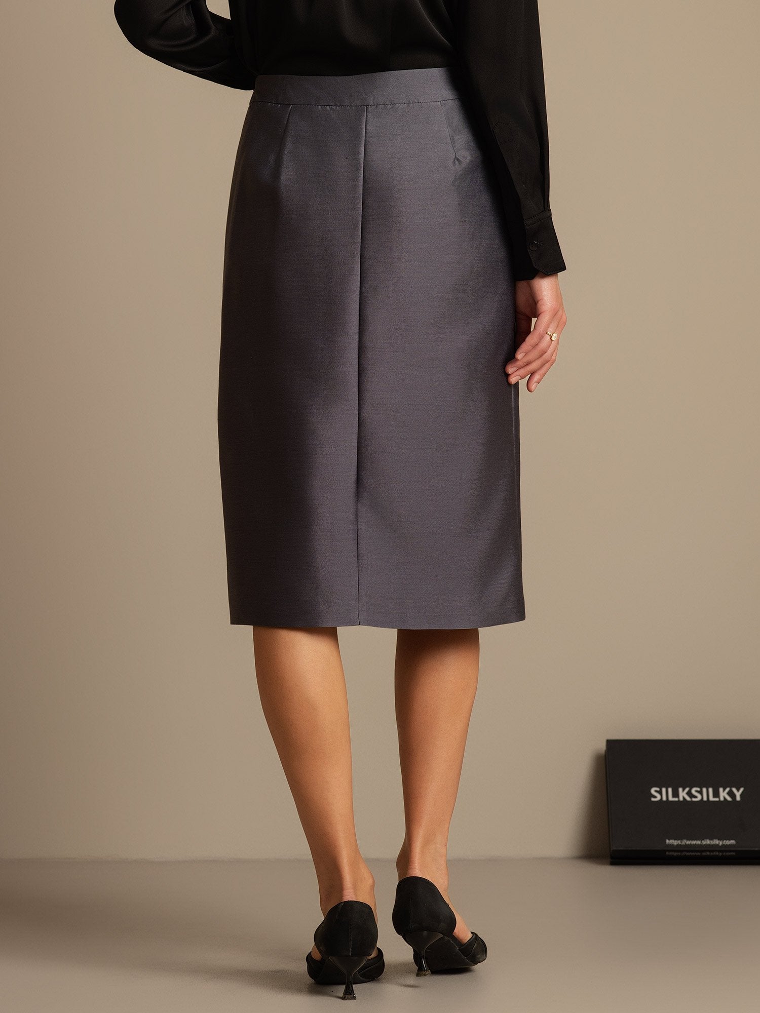 [Grå] SilkSilky-NO 32Momme Silk-Wool Blend Skirt 002,