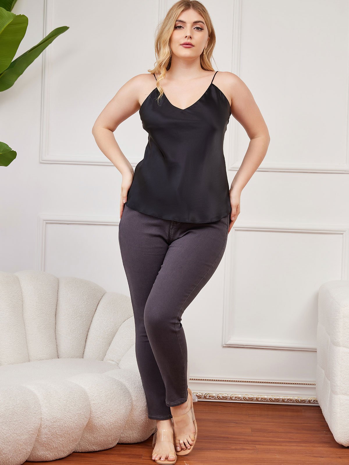 [Svart] SilkSilky-NO Pure Silk V-Hals Plus Size Camisole Top 004
