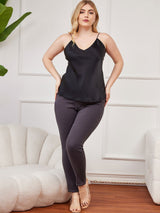 [Svart] SilkSilky-NO Spaghetti Stropp V Hals Plus Size Camisoles 004