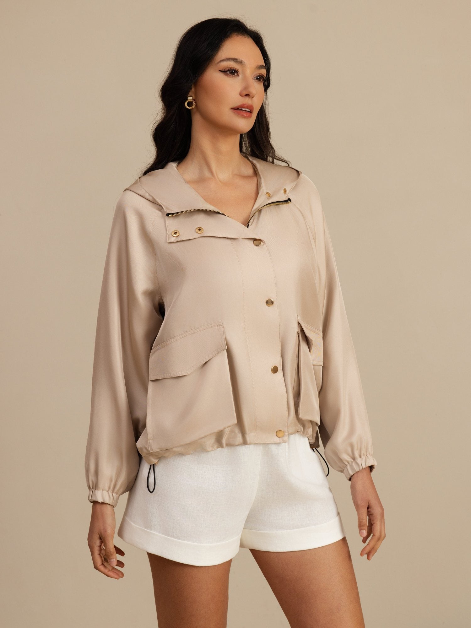 [Tan] SilkSilky-NO Langermet Høy Hals Yttertøy for Kvinner 004