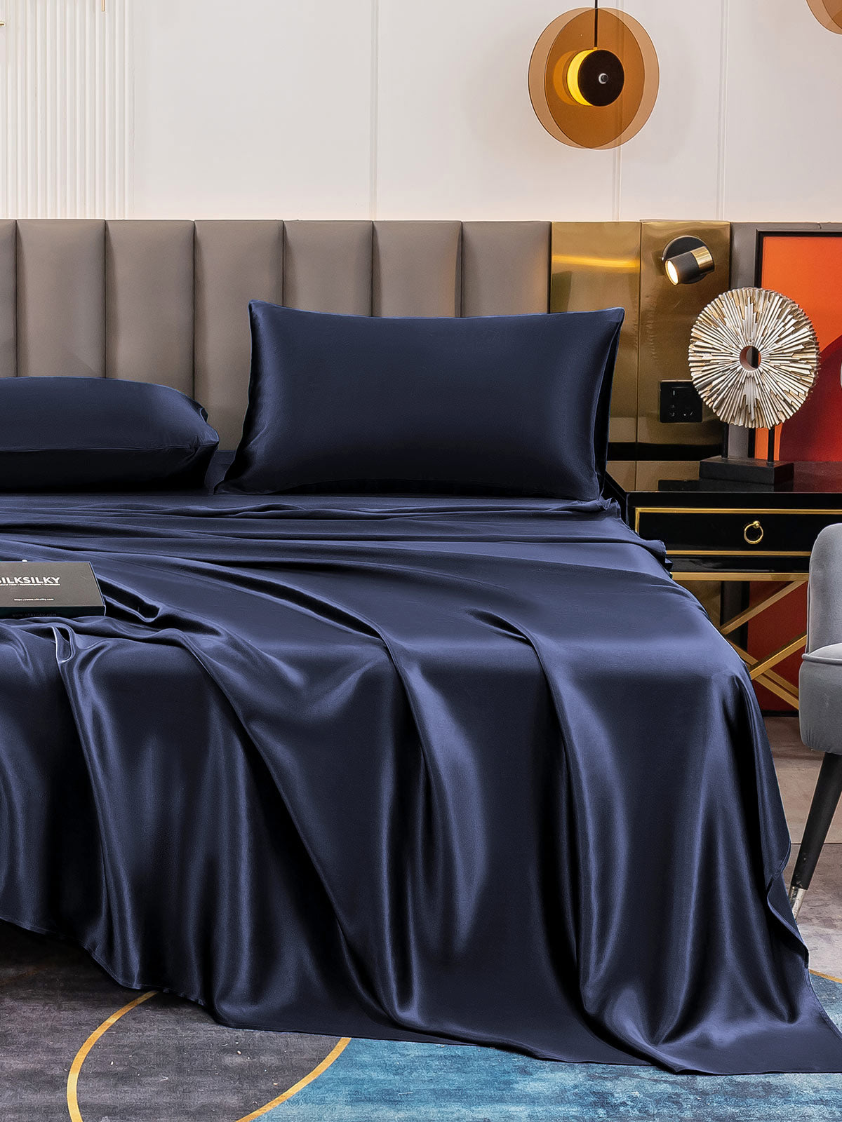 [Mørke blå] SilkSilky-NO 19Momme Pure Silk Bedding Set 006