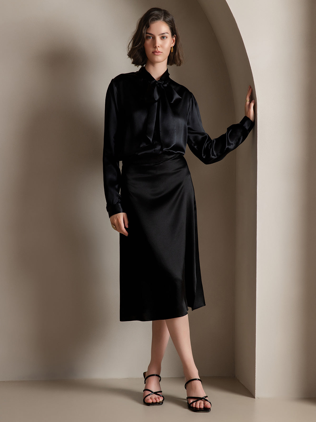 [Svart] SilkSilky-NO 19Momme Silke Long Sleeve Tie Neck Skjorte for Kvinner 005