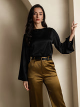 [Svart] SilkSilky-NO Long Sleeve Boat Neck Bluse 004