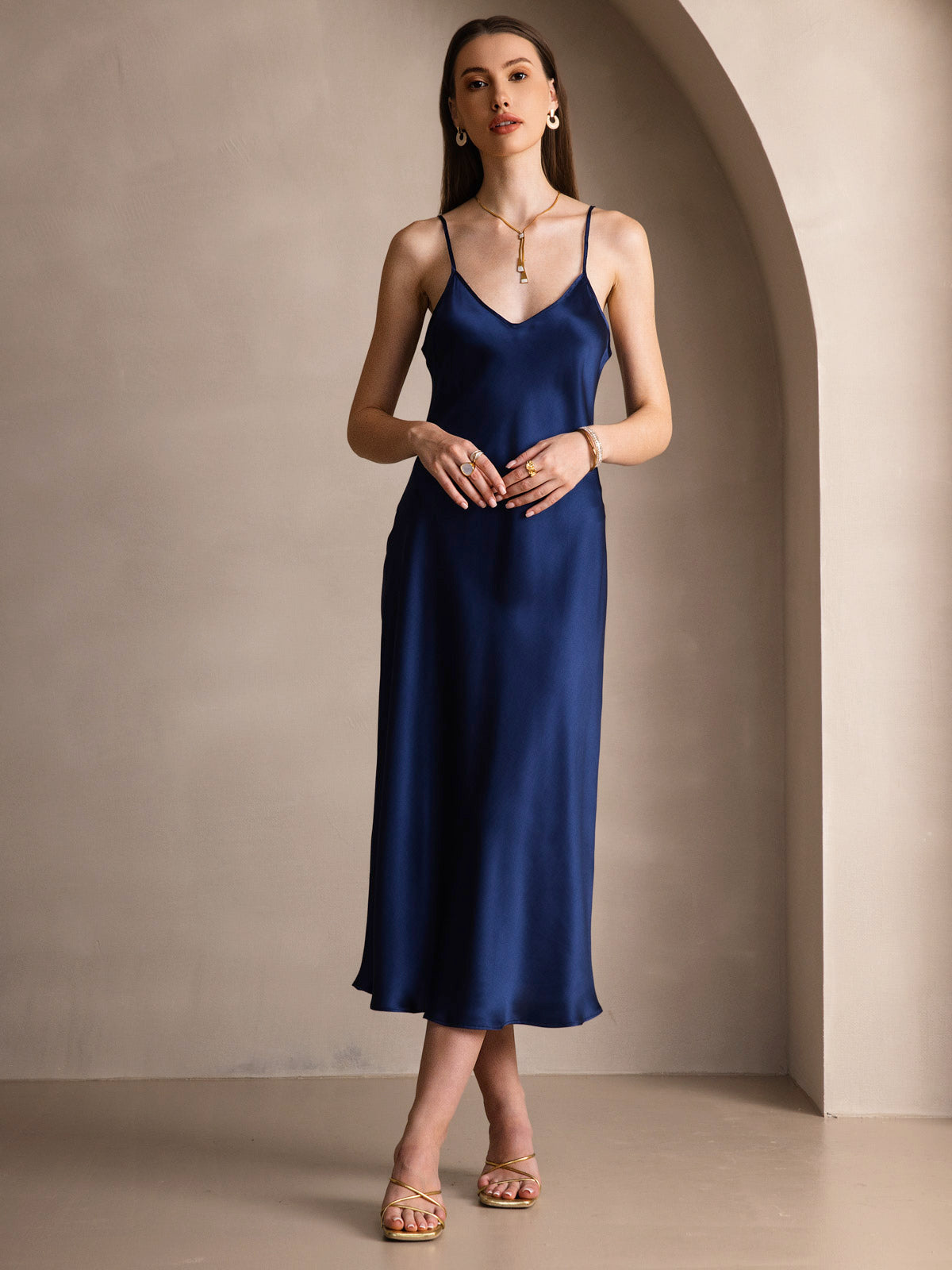[Mørke blå] SilkSilky-NO Pure Silk Sleeveless Round Neck Kjole 003