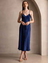 [Mørke blå] SilkSilky-NO Spaghetti Strap V Neck Kjole 003