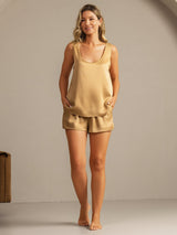 [Tan] SilkSilky-NO 19Momme Ermeløs Dyp Rund Halsutringning Pyjamas for Kvinner 007