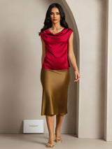 [Vin] SilkSilky-NO Cap Sleeve Cowl Neck T-skjorte for Kvinner 003