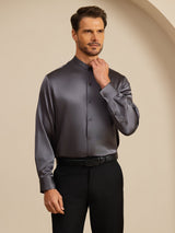 [Mørkegrå] SilkSilky-NO Long Sleeve Stand Collar Skjorte for Menn 006