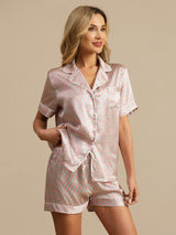 [Rosa Hjerte Geo] SilkSilky-NO Short Sleeve Lapel Collar Pyjamas for Kvinner 001