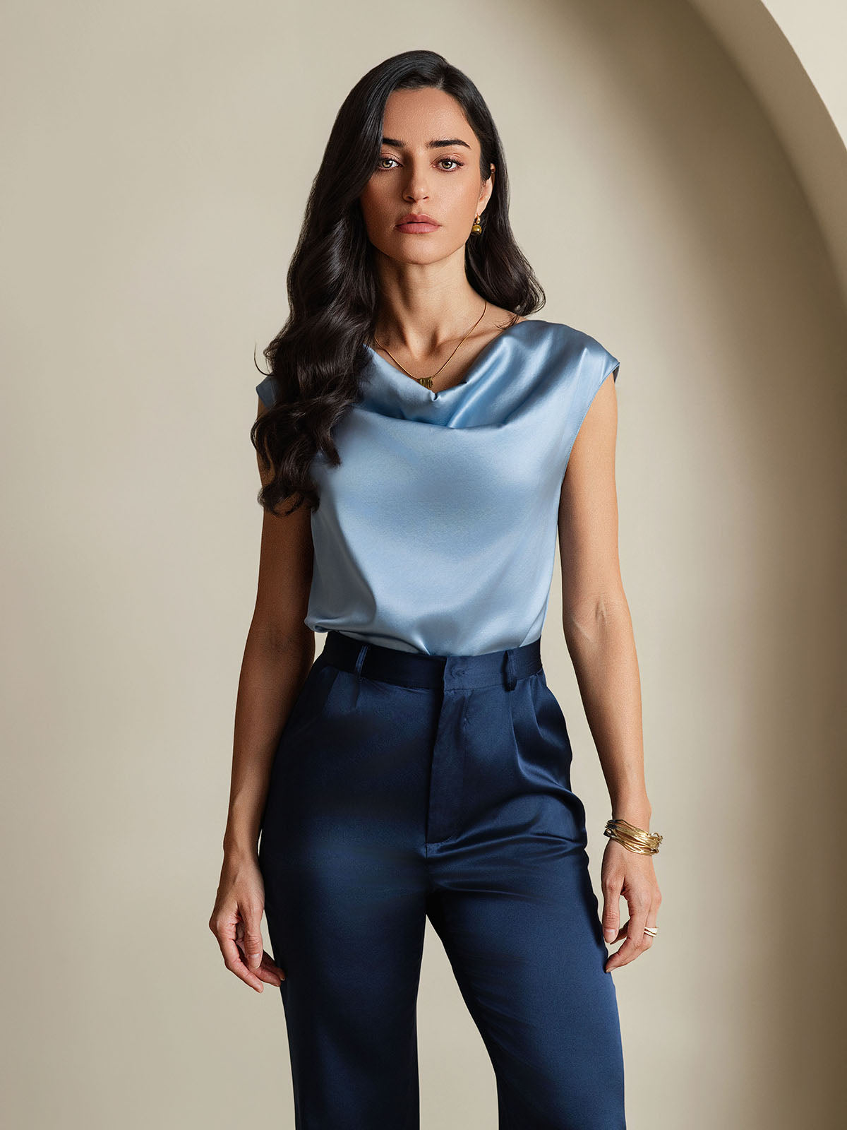 [Gråblå] SilkSilky-NO 19Momme Silke Cowl Neck T-skjorte for Kvinner 003