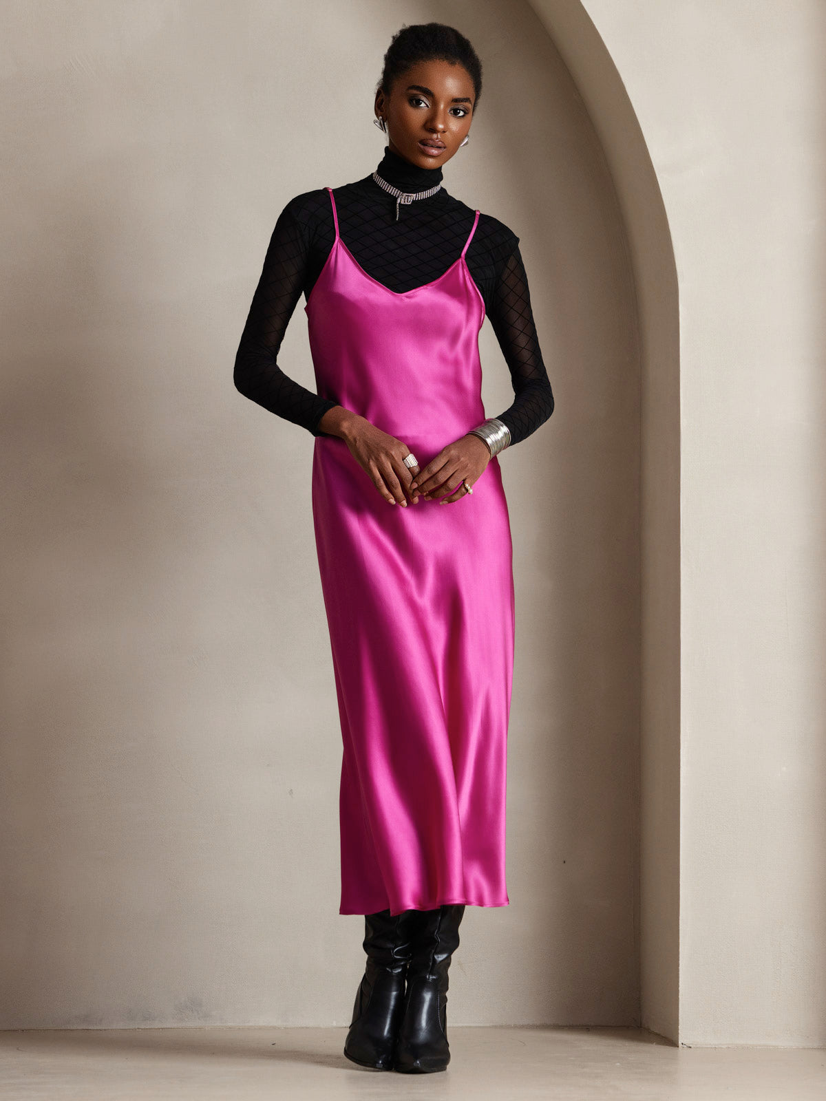 [Rosenrød] SilkSilky-NO Spaghetti Stropp V Hals Kjole 001