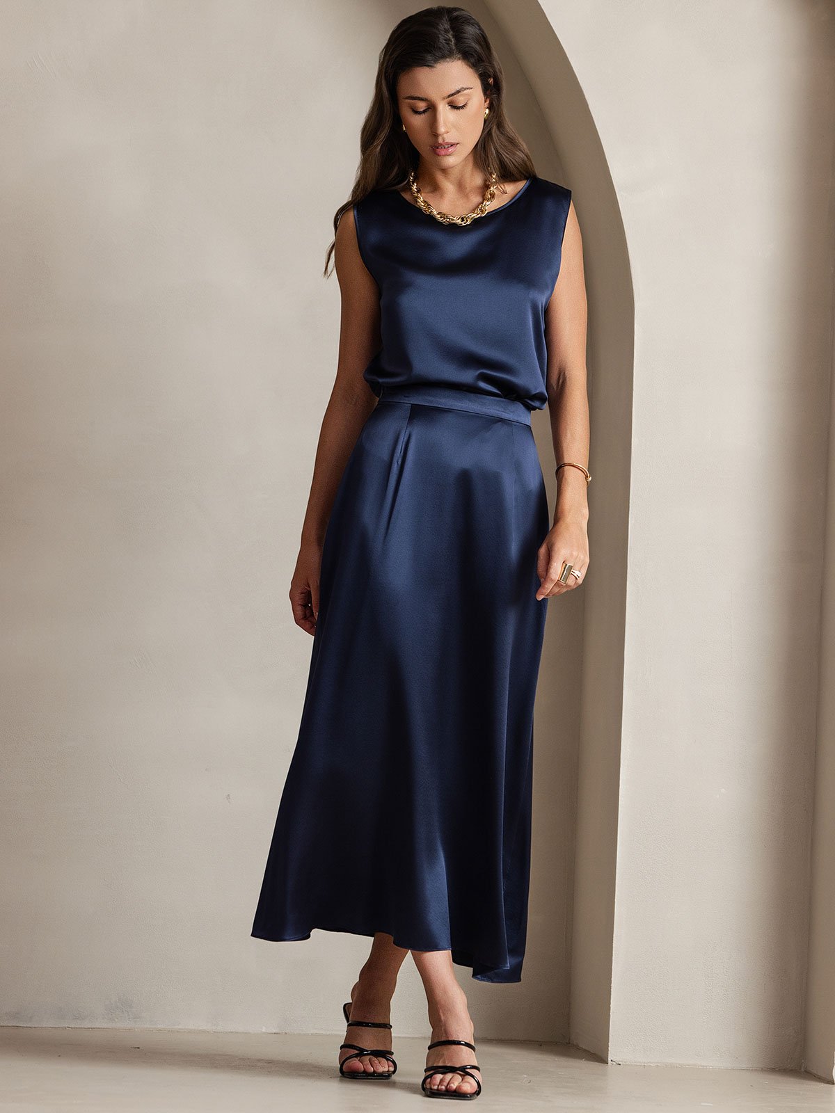 [Mørke blå] SilkSilky-NO 19Momme Silke Skirt 007