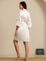 [Hvit] SilkSilky-NO 19Momme 3/4 erme Morgenkåpe for Kvinner 002