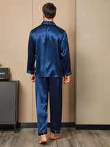 [Mørke blå] SilkSilky-NO Long Sleeve Lapel Collar Pyjamas for menn 002