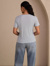 [Gråblå] SilkSilky-NO Short Sleeve V Neck T-skjorte for Kvinner 002