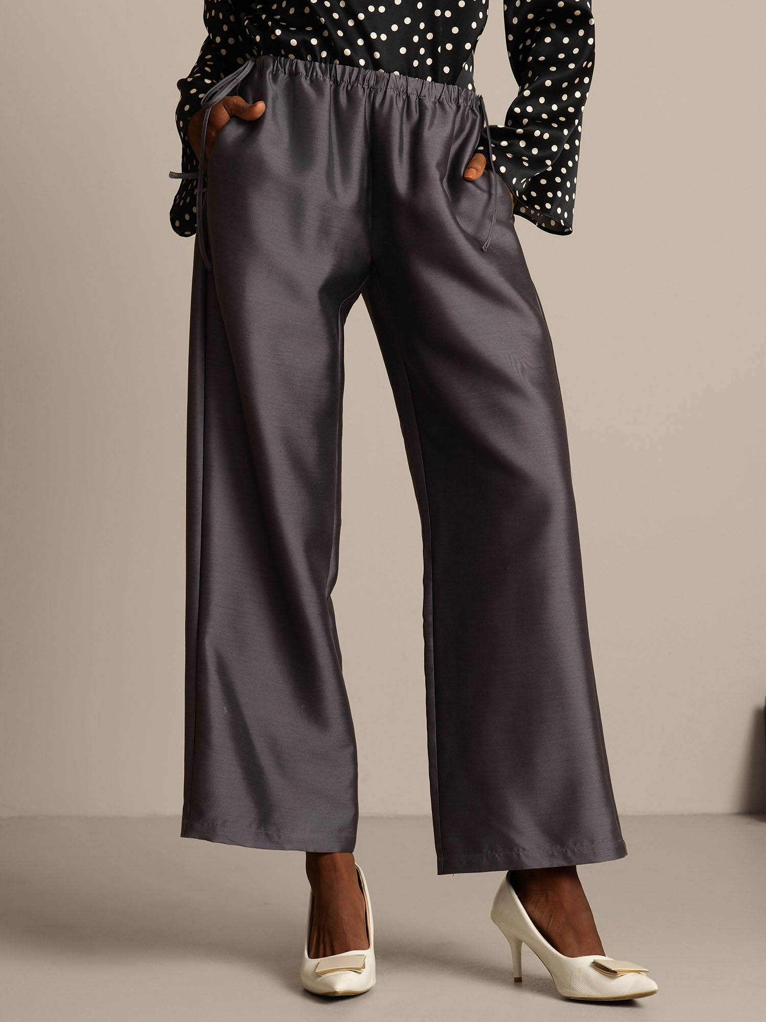 [Grå] SilkSilky-NO 32Momme Silk-Wool Blend Womens Pants 001,