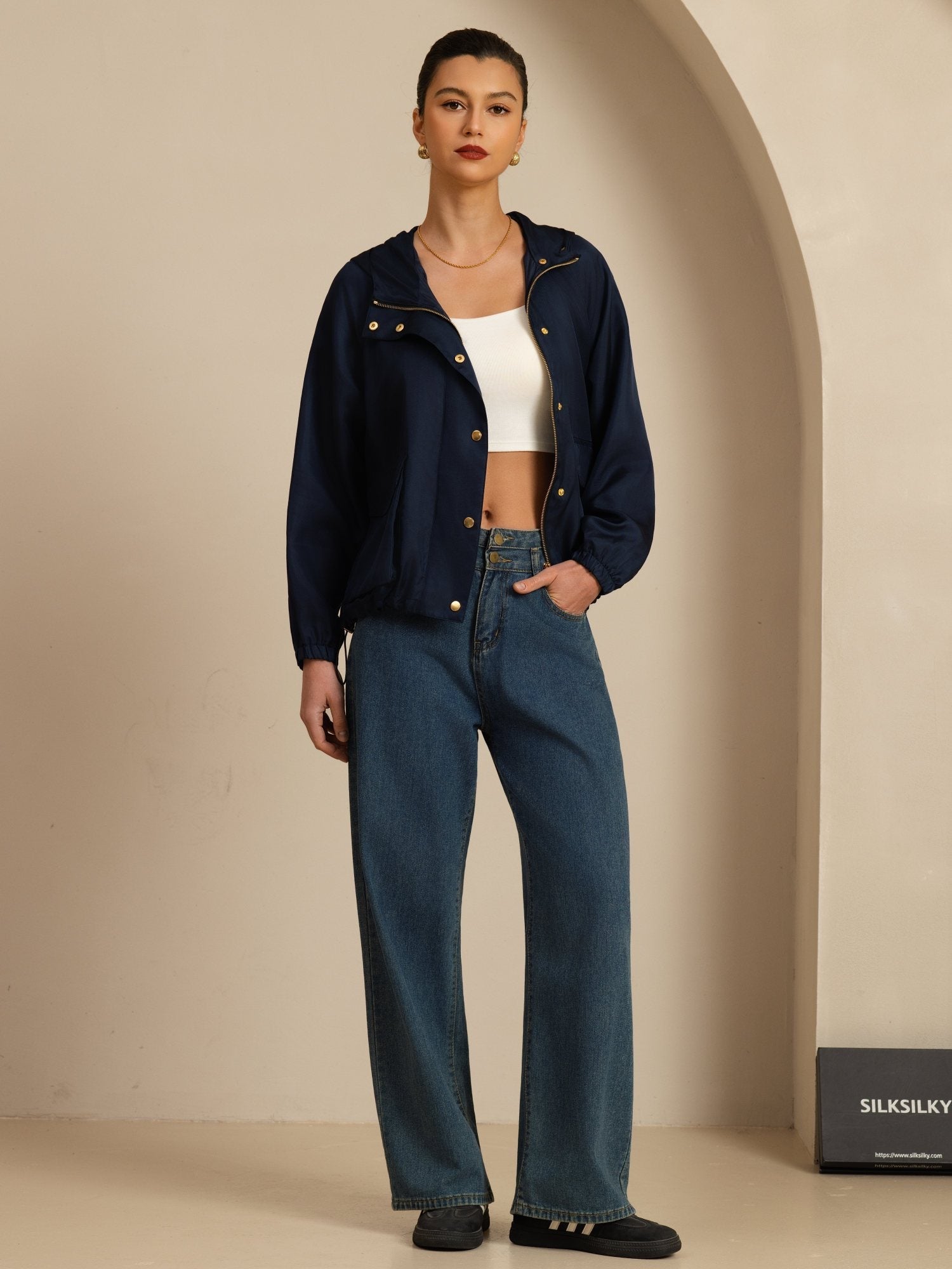 [Mørkeblå] SilkSilky-NO Langermet Høy Hals Yttertøy for Kvinner 008