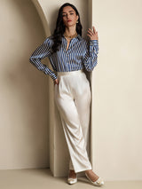 [Marine Stripe] SilkSilky-NO 19Momme Langermet Slagkrage Skjorte for Kvinner 009