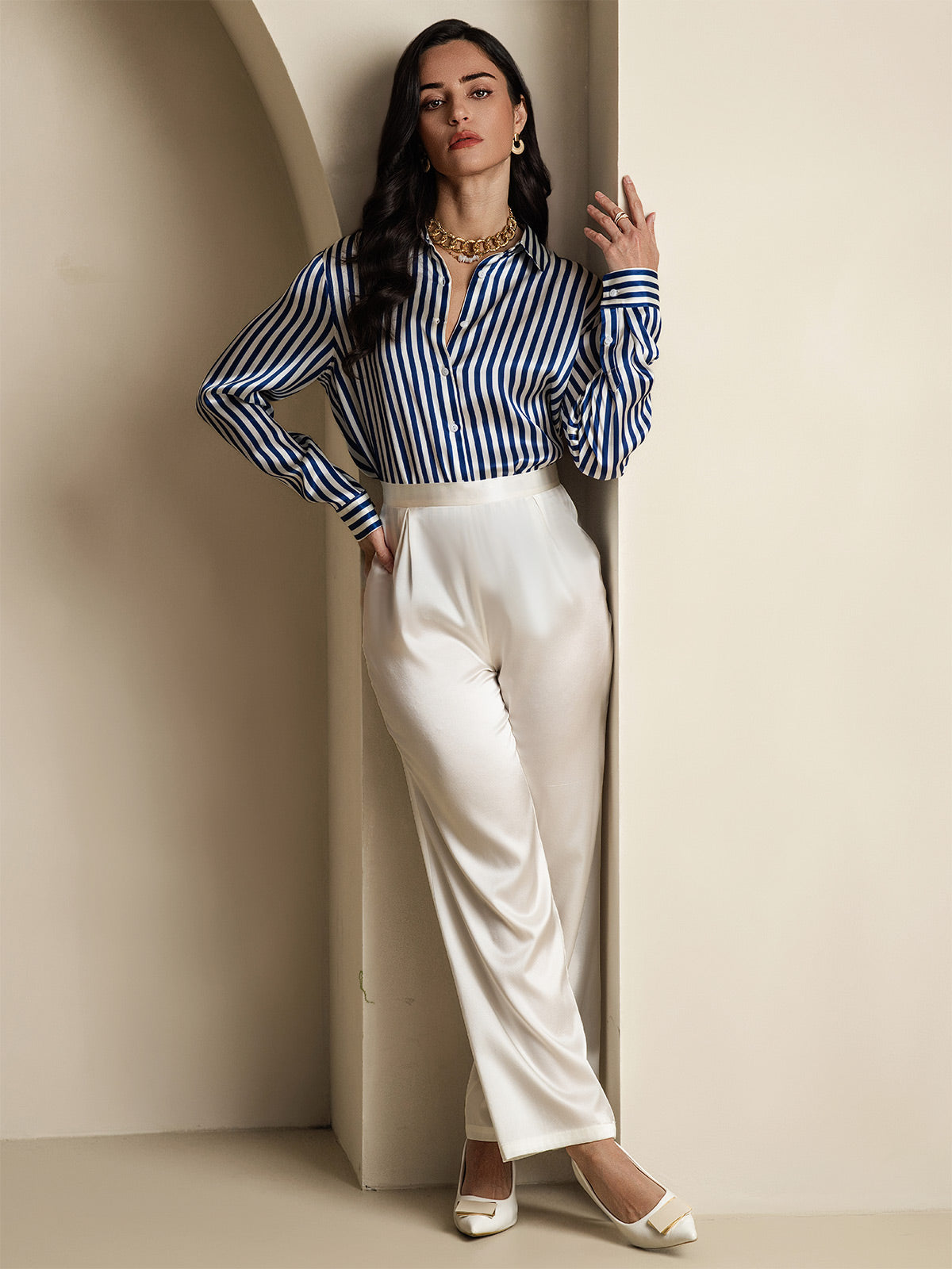 [Marine Stripe] SilkSilky-NO 19Momme Langermet Slagkrage Skjorte for Kvinner 008